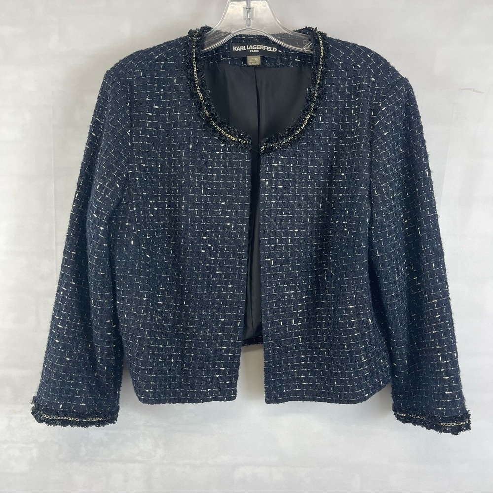 Karl Lagerfeld Paris Bouclé Tweed Chain Trim Jacket Women’s XL Navy